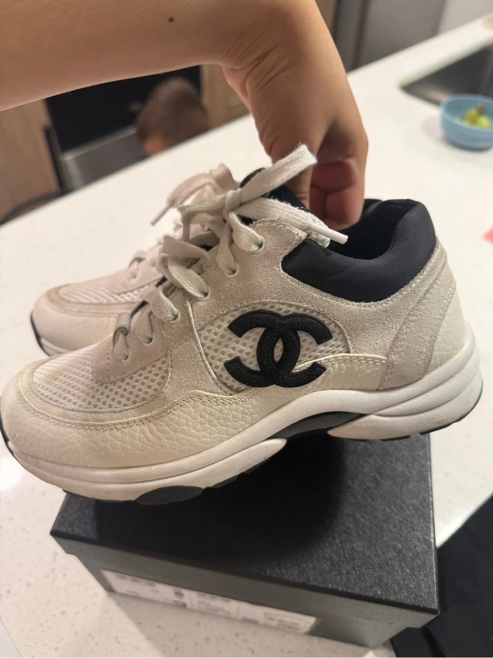 CHANEL Cream and Black Interlocking CC Leather & Mesh Sneakers
